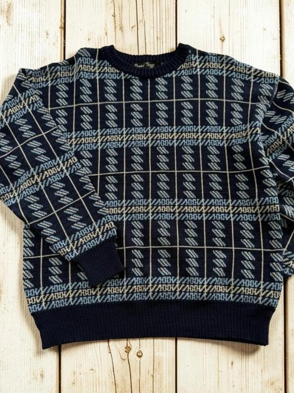 Vintage 80s 90s Grandpa Sweater‎ Mens M David Gregg Blue Geometric Pullover